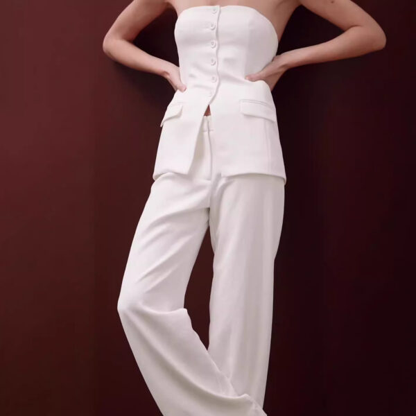 Graceful Tube Top Suit Fashion Button Sleeveless Top And Straight Pants Women's Trousers Set - Image 7